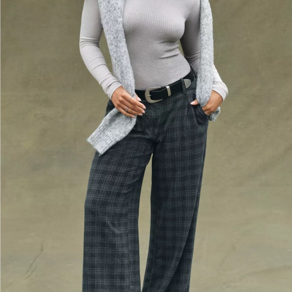 American Eagle Outfitters Black & Gray Plaid Wide Leg Pants